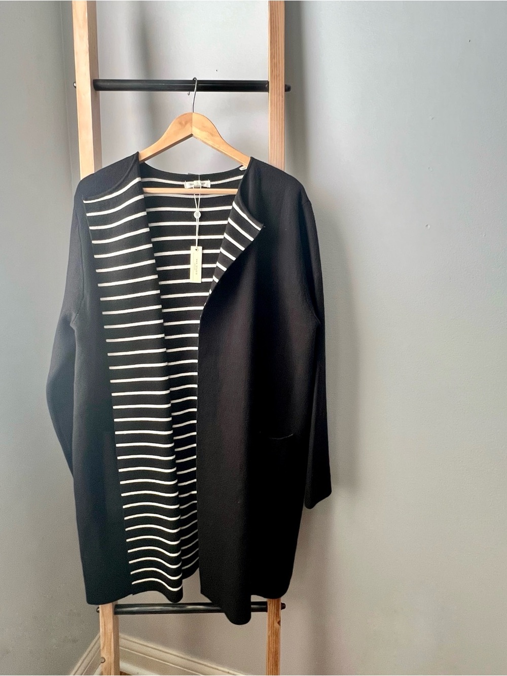 Max Studio Black Cardigan with Black & White Striped Lining